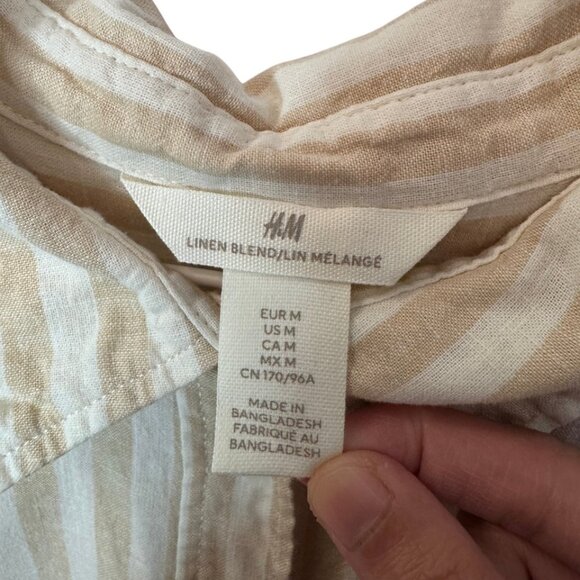 H&M beige striped linen blend long sleeve button down top size M - Picture 10 of 11